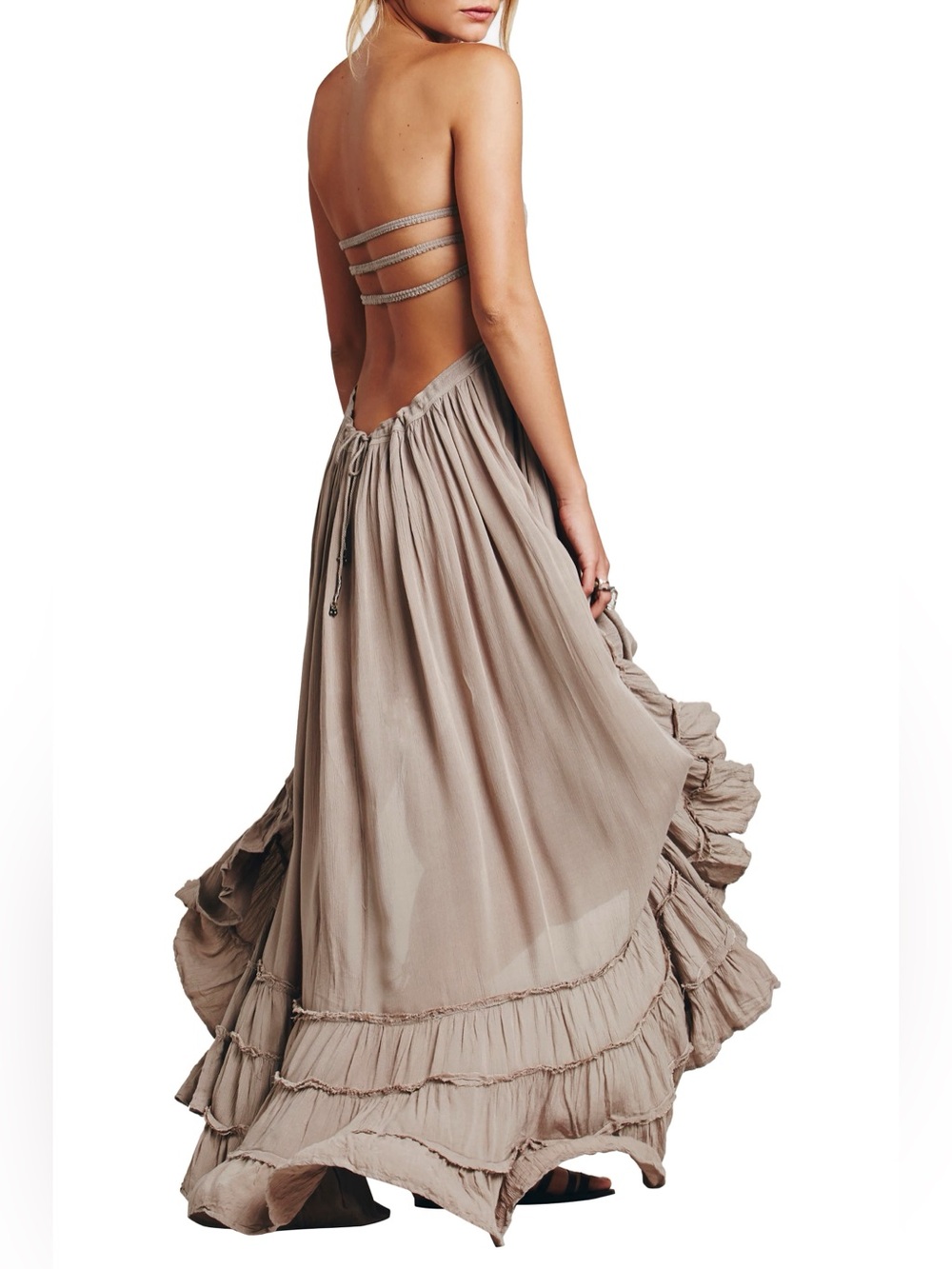 ❤️ NWOT! Plus Boho Soft Gray Summer Flowy Ruffle Backless Maxi Dress XXL - Picture 5 of 6
